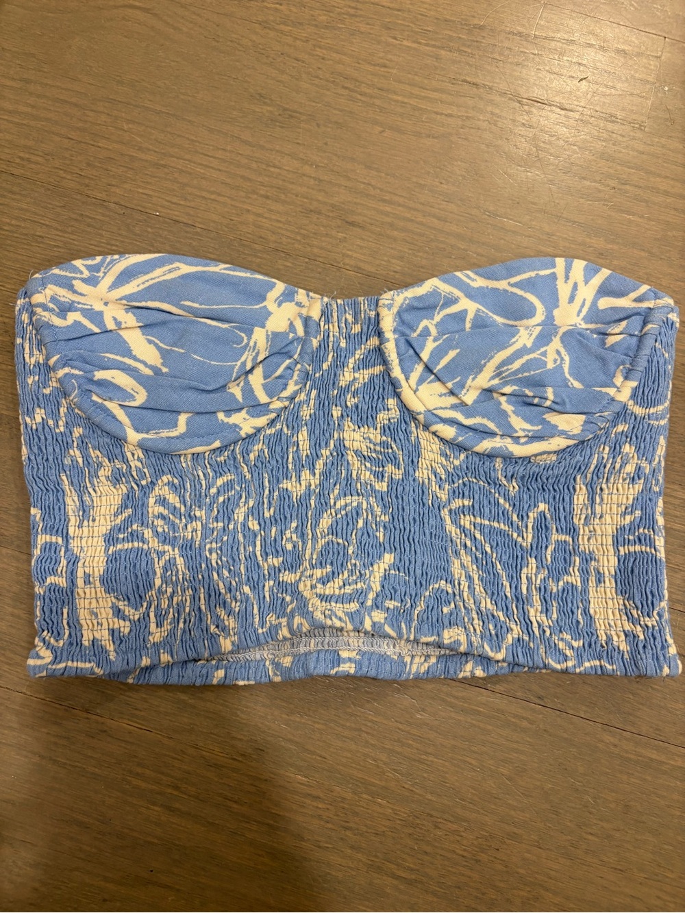 Zara Blue and Cream Strapless Smocked Crop Top